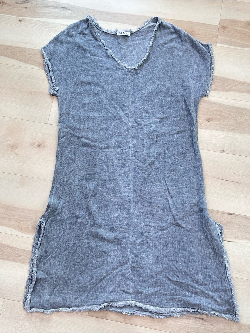 Gigi Moda Made in Italy Gray Frayed V-Neck Tunic Dress Short Sleeves L/XL Linen